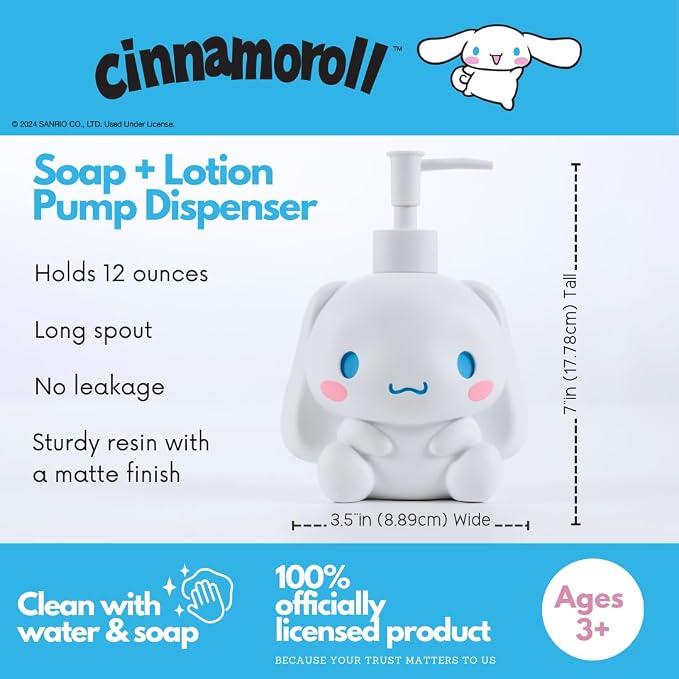 Cinnamoroll Soap Dispenser - Lotion/Hand Sanitizer Resin Pump Dispenser, 12 Ounces, Hard Bathroom Décor, (100% Officially Licensed Product) by Franco