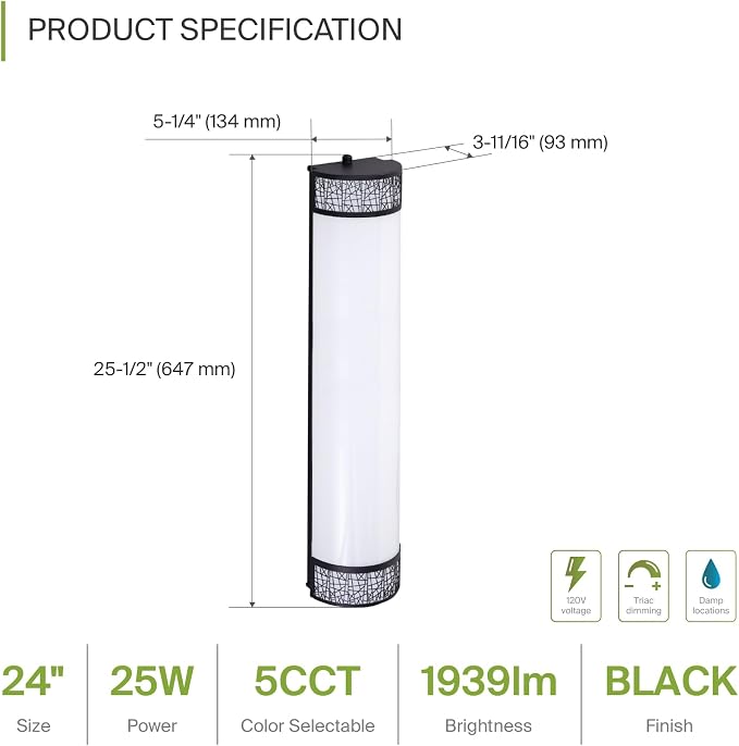 ASD 24 Inch LED Bathroom Vanity Light, 5CCT 2700K-5000K 25W, Dimmable Bathroom Light Fixtures, Modern Vanity Lights for Bathroom Lighting Fixtures Over Mirror, Wall Light Bar, Black, ETL, 4 Pack