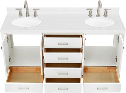 ARIEL Cambridge 66-inch Bathroom Vanity with Sink,Solid Wood, 1.5-inch Carrara White Quartz Countertop & Backsplash, Double Oval Porcelain Sink, 4 Soft Closing Doors, 6 Dovetail Drawers, White