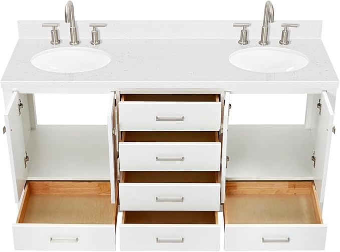 ARIEL Cambridge 66-inch Bathroom Vanity with Sink,Solid Wood, 1.5-inch Carrara White Quartz Countertop & Backsplash, Double Oval Porcelain Sink, 4 Soft Closing Doors, 6 Dovetail Drawers, White