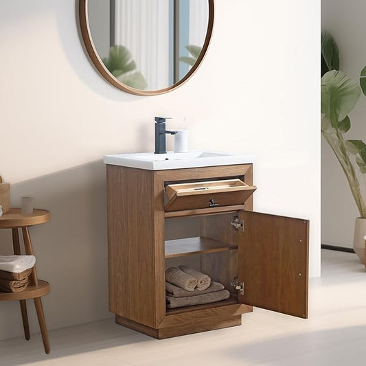 Vanity Art 24 inch Bathroom Vanity with Sink, Solid Poplar Wood, Vanity Cabinet with Doors and Removable Shelf, Modern Wood Cabinet with Marble Top, Ceramic Sink,VA70-24-T