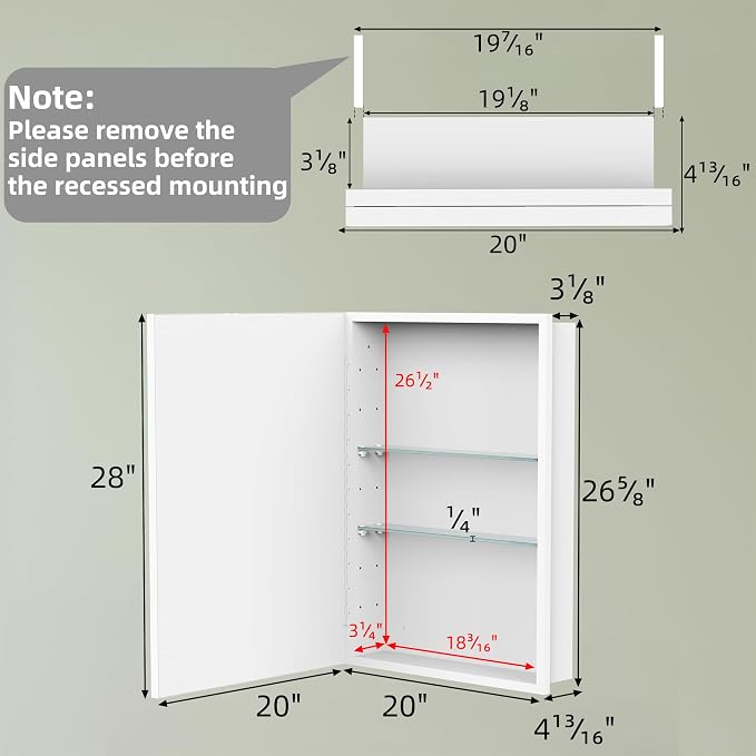 Buruis 20 x 28 Inch Framed Medicine Cabinet Mirror, Recessed/Wall Mounted | Fully Assembled, Fits 19-5/16 x 26-13/16 Inch Rough Opening, Adjustable Glass Shelves, Bathroom Storage Cabinet, White