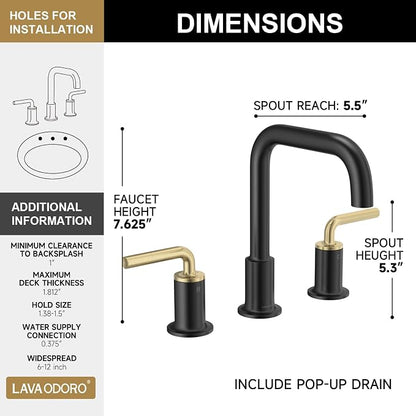 Black and Gold Bathroom Faucet, Modern Bathroom Faucet | 8 inch Widespread Bathroom Faucet 3 Hole with Drain Assembly Supply Line, Solid Brass Lead-Free Vanity Faucet, BF503-GB