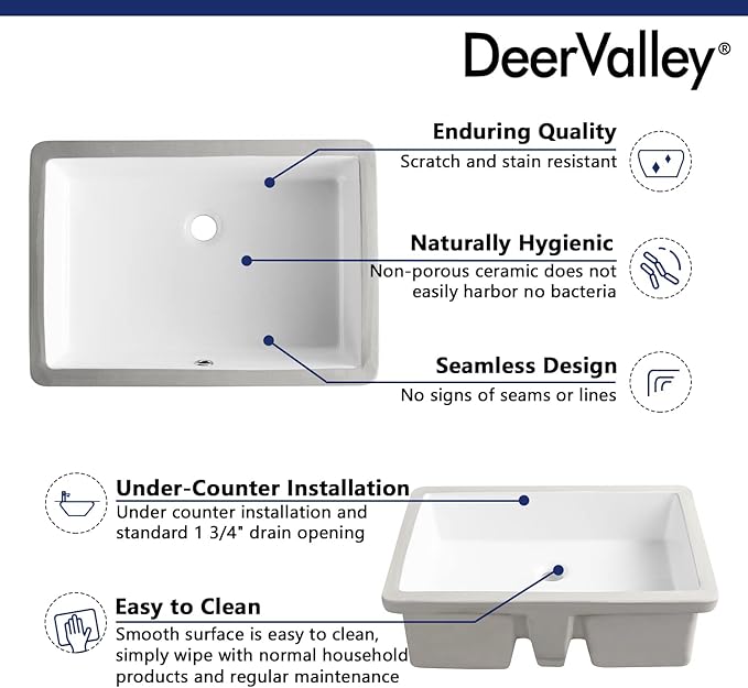 DeerValley DV-1U202 Ursa Bathroom Vessel Sink Rectangular Under-mount White Porcelain Ceramic Bathroom Sink with Overflow