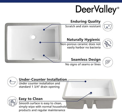 DeerValley DV-1U202 Ursa Bathroom Vessel Sink Rectangular Under-mount White Porcelain Ceramic Bathroom Sink with Overflow