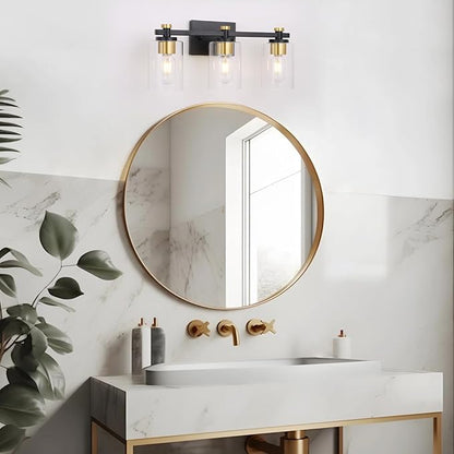 3-Light Black Gold Bathroom Vanity Light with Clear Glass Shades | Modern Bathroom Light Fixture, E26 Socket, Over Mirror Lighting for Bath Vanity Decor, High Quality Metal