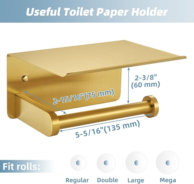 Toilet Paper Holder, Brushed Gold, 304 Stainless Steel | Wet Wipes & Air Freshener Storage, Space-Saving Design, Family Bath & Rental Apartment Use, Modern Bathroom Refresh