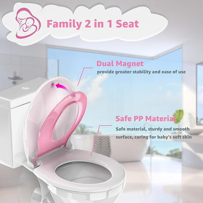 Potty Training Seat Built-in Toilet Seat, Round Toilet Seat 16.5inch with Baby Seat 2 in 1 Soft Close Quiet No Slapping, Magnetic Absorption, Easy Installation for Bottom Fixing Toilet，White and Pink