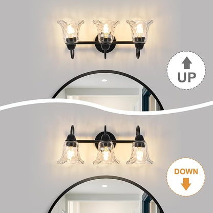 Bathroom Light Fixtures over Mirror, 3 Lights Vintage Wall Sconces with Hammered Glass Shade, 19.3" Matte Black Farmhouse Bathroom Wall Light Fixtures for Bedroom, Porch, Hotel, Mirror Cabinet