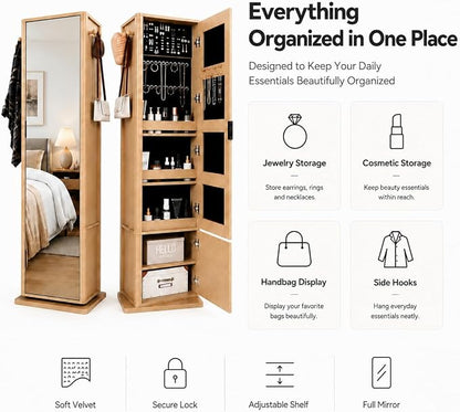 360° Rotating Makeup Jewelry Armoire Cabinet, Mirror Jewelry Cabinet Standing with a Full-Length Mirror, Storage Cabinet a Coat Rack, 4 Layers of Open 2 Layers of Built-In Shelves for Bedroom