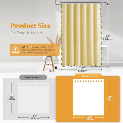 BTTN Extra Long Boho Scalloped Linen Textured Shower Curtain, 72x96, Yellow | Extra Tall Size, 230GSM Waterproof Polyester, Heavy Duty Fabric, 12 Plastic Hooks, Elegant Farmhouse Style, Machine Washable