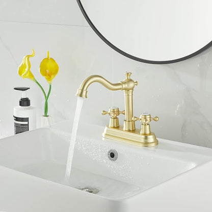 Bathroom Faucet Brushed Gold 2 Handles 4 Inches Centerset Bathroom Vanity with Drain Assembly and Supply Hose Lavatory Faucet