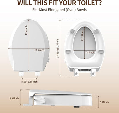 Raised Bidet Toilet Seat, Elongated 18.5", Soft Close | 2.91" raised height, dual self-cleaning nozzles, front & rear wash, quick release, non-electric, secure fit