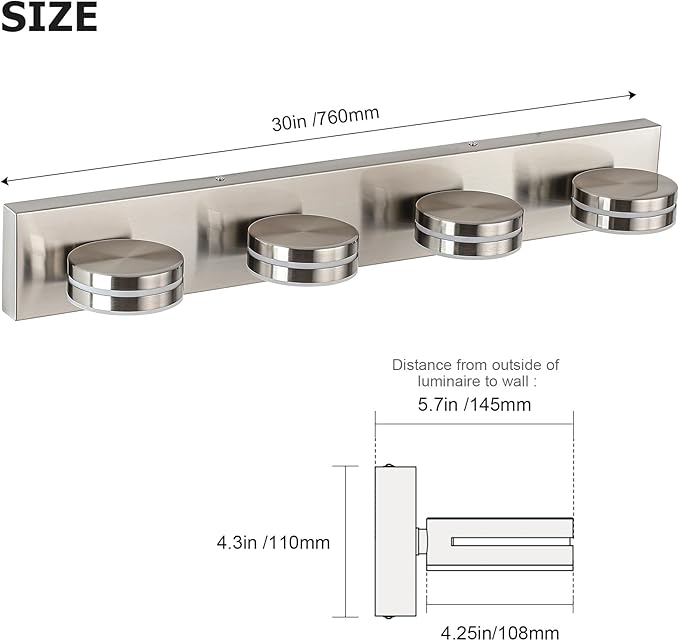 4-Light Bathroom Vanity Light, Brushed Nickel Bathroom Light Fixtures Over Mirror, LED Dimmable 5500K Bath Lighting Fixture, Modern Wall Mounted Lighting Fixture with 360°Rotating Lamp Head