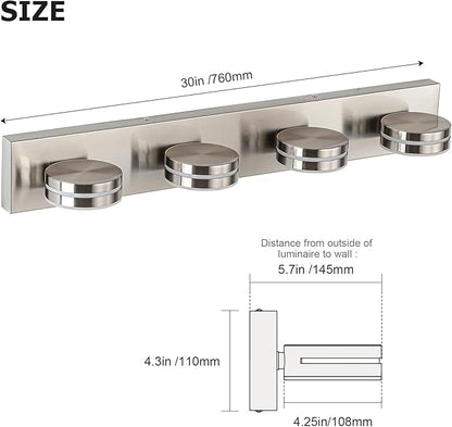 4-Light Bathroom Vanity Light, Brushed Nickel Bathroom Light Fixtures Over Mirror, LED Dimmable 5500K Bath Lighting Fixture, Modern Wall Mounted Lighting Fixture with 360°Rotating Lamp Head
