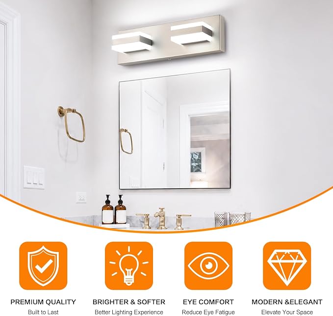 SOLFART 2 Light Brushed Nickel Vanity Lights for Bathroom Over Mirror, Modern LED Lighting Fixture, 14 Inch Cool Light