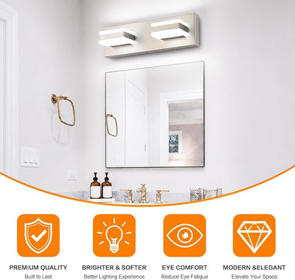 SOLFART 2 Light Brushed Nickel Vanity Lights for Bathroom Over Mirror, Modern LED Lighting Fixture, 14 Inch Cool Light