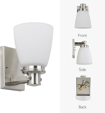 Design House Atkinson Wall Sconce, 1-Light, Frosted White Glass Shade, Dimmable, Up/Down Mountable, E26 Socket, Satin Nickel, 6.0 in L x 7.4 in W x 8.9 in H, 589515