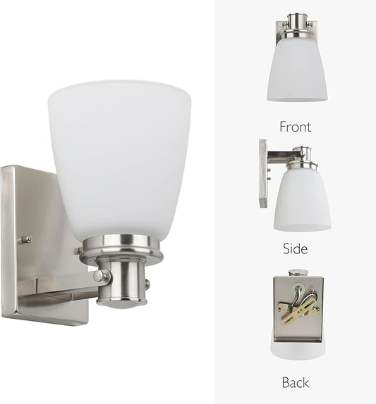Design House Atkinson Wall Sconce, 1-Light, Frosted White Glass Shade, Dimmable, Up/Down Mountable, E26 Socket, Satin Nickel, 6.0 in L x 7.4 in W x 8.9 in H, 589515