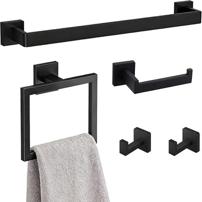 5-Pieces Wall Mount Bathroom Hardware Set,23.6in Towel Bar Set,Matte Black | Waterproof Stainless Steel Bathroom Accessories,Toilet Paper Holder with Shelf,Towel Ring,Coat Hook