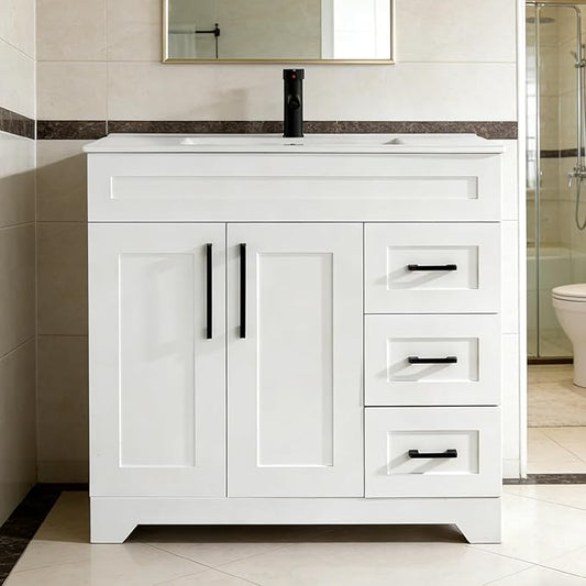 36" Bathroom Vanity with Sink,Plywood Construction Cabinet,2 Soft Closing Doors & 3 Full Extension Drawers Without Faucet Drain and Mirror, White Color