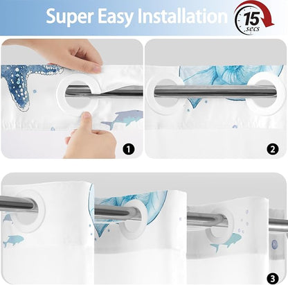 No Hook Shower Curtain and Liner Set, Watercolor Blue Beach Coastal 71x84 | Nautical Ocean for Bathroom, with Snap in Liner Replacement, Mesh Top Window, Waterproof, Machine Washable, Quick-Drying