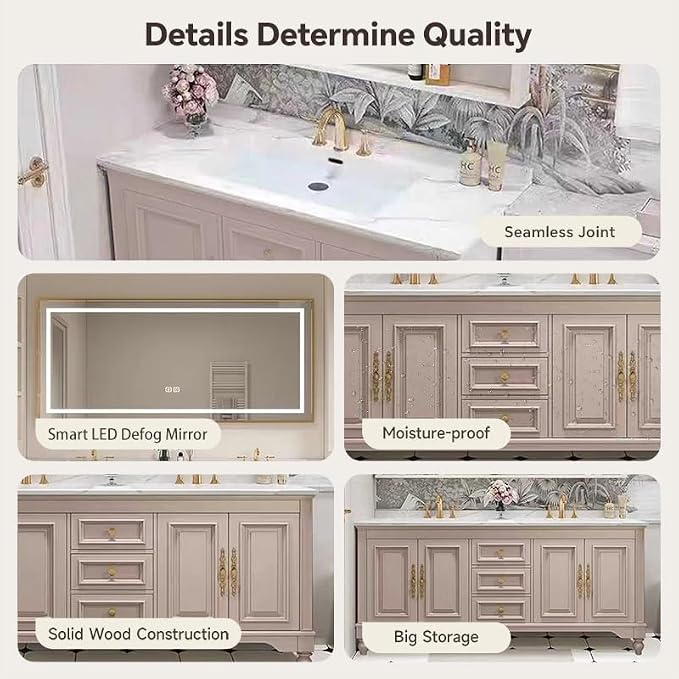 American Minimalist Bathroom Vanity with Sink Mirror 36-92IN, Premium Solid Wood Vanity with LED Lighting& Defogging