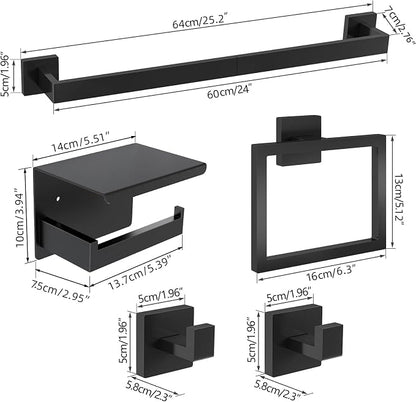 5-Pieces Matte Black Bathroom Hardware Accessories Set, 24 Inch Stainless Steel Towel Racks for Bathroom, Towel Bar Set Towel Ring Coat Hook and Toilet Paper Holder with Shelf Wall Mounted