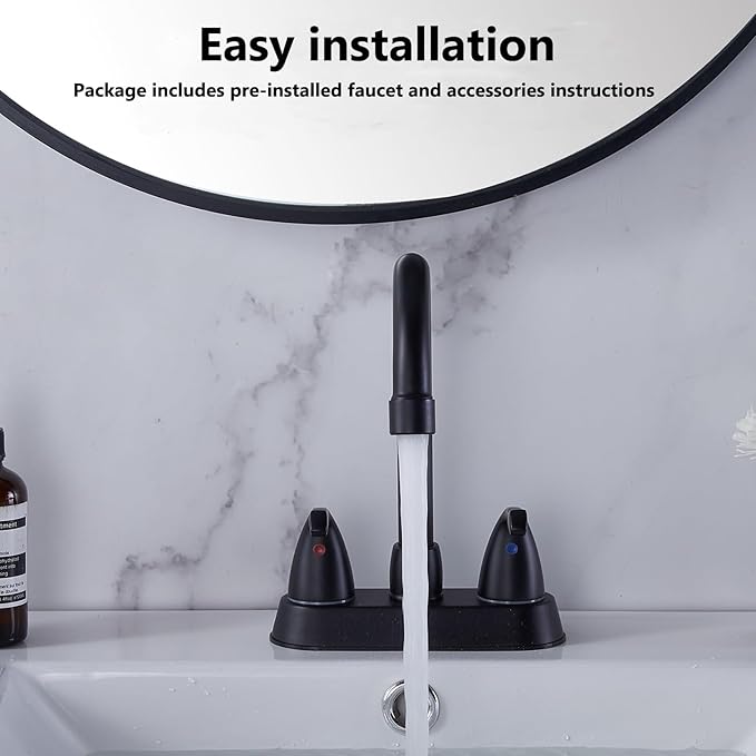 Matte Black 4-Inch Centerset Bathroom Faucet, 2-Handle 3-Hole Sink Faucet with Pop-up Drain & Supply Lines