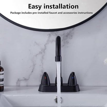 Matte Black 4-Inch Centerset Bathroom Faucet, 2-Handle 3-Hole Sink Faucet with Pop-up Drain & Supply Lines