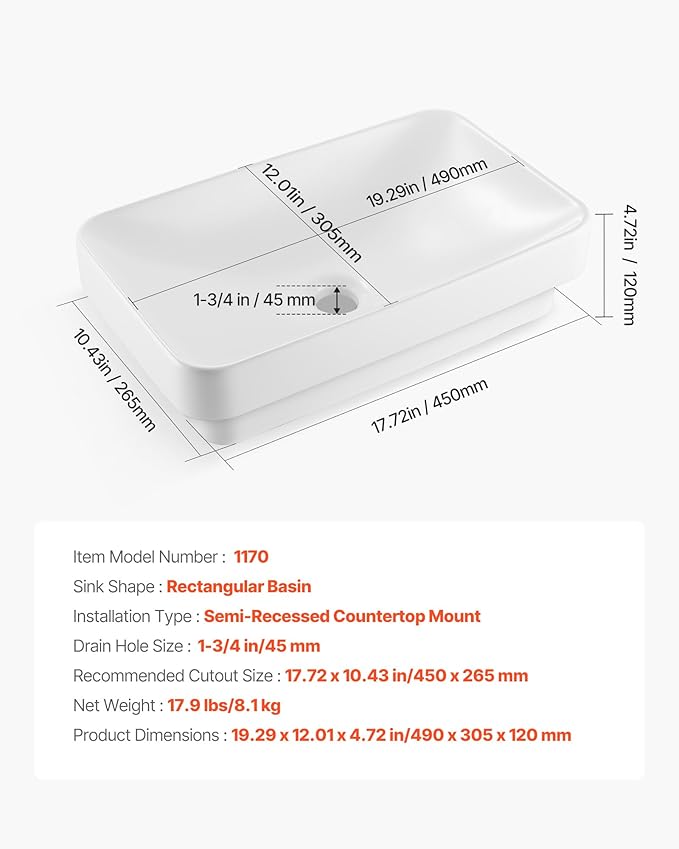 VEVOR Semi Recessed Bathroom Sink, 19.29 x 12.01 Inch Rectangular White Ceramic Vessel Sink with 1-3/4 Inch Drain Hole, Drop in Modern Lavatory Vanity Bath Wash Bowl Basin, Rectangle for Small Space