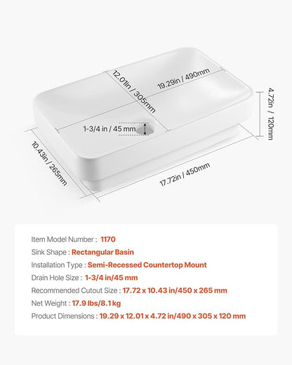 VEVOR Semi Recessed Bathroom Sink, 19.29 x 12.01 Inch Rectangular White Ceramic Vessel Sink with 1-3/4 Inch Drain Hole, Drop in Modern Lavatory Vanity Bath Wash Bowl Basin, Rectangle for Small Space