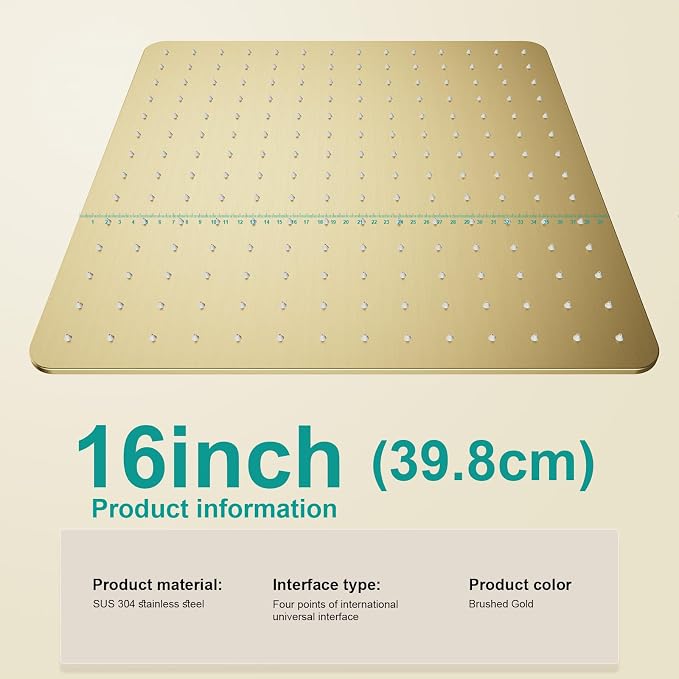 Square Rain Shower Head, High Flow Stainless Steel,Work with any decorative style，All Metal Rainfall Shower Head (Brushed Gold, 16)