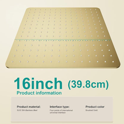 Square Rain Shower Head, High Flow Stainless Steel,Work with any decorative style，All Metal Rainfall Shower Head (Brushed Gold, 16)