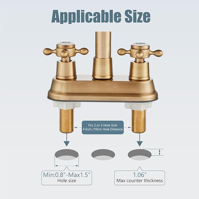Aolemi 4 Inch Centerset Bathroom Sink Faucet Vintage 2 Cross Handle RV Mixer Tap Basin Vanity Lavatory Utility for Sink 3 Hole Include Hoses Pop Up Drain Faucet Handle with Label Antique Brass