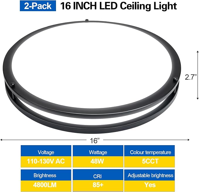 16inch LED Flush Mount Ceiling Light Fixture Dimmable Matte Black, Easy Install LED Ceiling Lamp Fixture Without Flicker, Super Bright 48W 4800LM 5CCT Warm to White Light 3000K to 6000K 2-Pack