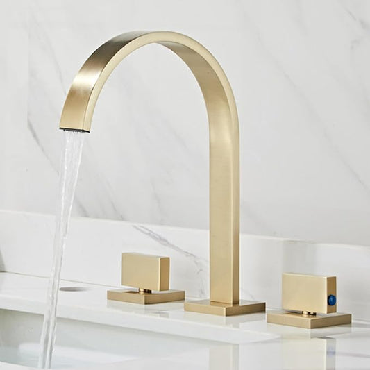 Bathroom Basin Mixer Faucet 3 Hole Brass Hot and Cold Water Double Handle 3 Hole Basin Faucets-Brushed Gold