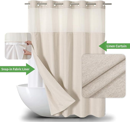 Eachope No Hooks Polyester Textured Shower Curtain with Snap-in Fabric Liner Set, Hotel Luxury Decor Shower Curtains for Bathroom with See Through Top Window, Waterproof & Washable, 71Wx74H, Cream | 230GSM Thick Fabric,Hotel Luxury Decor,Mesh Top Windo...