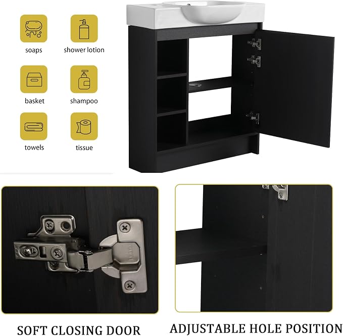 30" Freestanding Bathroom Vanity with Sink, Floor Cabinet, Dark Oak | Integrated Ceramic Sink, Soft-Close Door & 3 Open Storage Shelves, Small Bath Vanity Set, Easy to Clean
