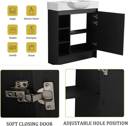 30" Freestanding Bathroom Vanity with Sink, Floor Cabinet, Dark Oak | Integrated Ceramic Sink, Soft-Close Door & 3 Open Storage Shelves, Small Bath Vanity Set, Easy to Clean