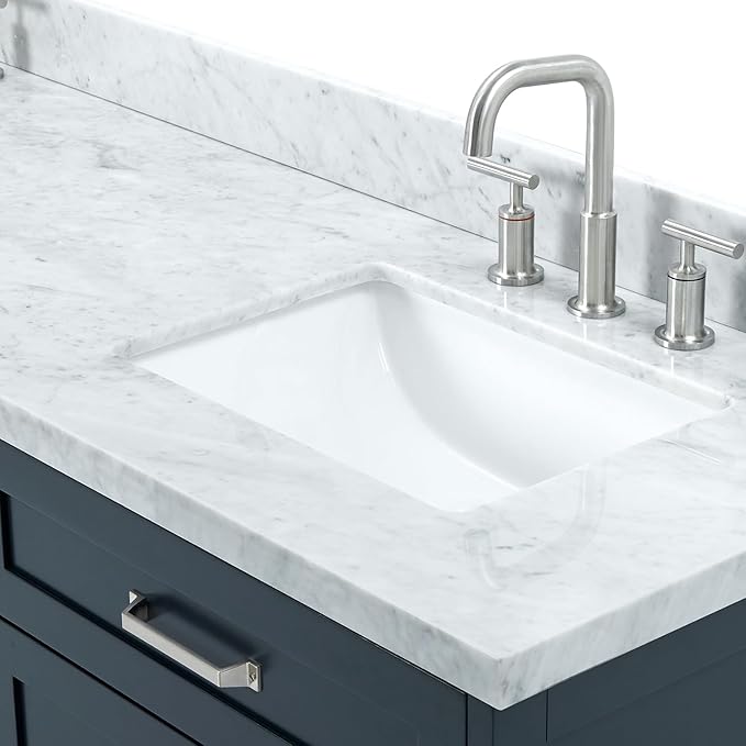 ARIEL Monroe 72-inch Bathroom Vanity with Sink,Solid Wood, 1.5-inch Italian Carrara Marble Countertop & Backsplash, Double Oval Porcelain Sink, 9 Dovetail Drawers, Brushed Nickel, Midnight Blue