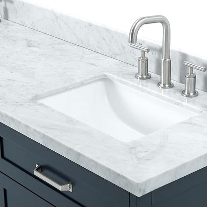 ARIEL Monroe 72-inch Bathroom Vanity with Sink,Solid Wood, 1.5-inch Italian Carrara Marble Countertop & Backsplash, Double Oval Porcelain Sink, 9 Dovetail Drawers, Brushed Nickel, Midnight Blue