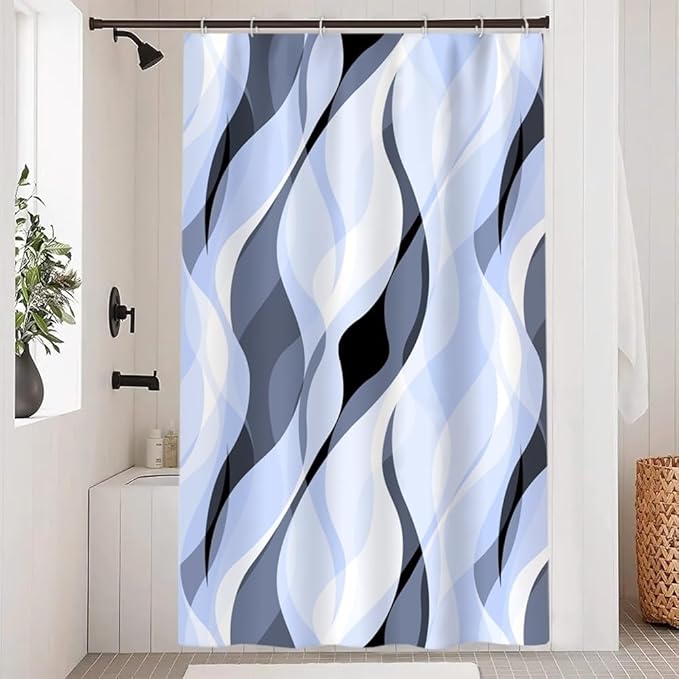 Light Blue Shower Curtain, Modern Abstract Blue and Grey Striped Shower Curtain Set for Bathroom Waterproof Polyester Shower Curtain with Hooks, 48x72 Inch