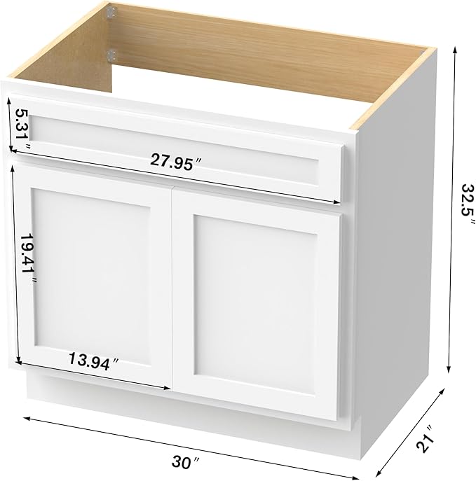 Vanity Art 30 Inch Double Shutter Door Bathroom Vanity Base Cabinet with Soft Closing Shaker Drawer, Strudy Floor Mount Storage Cabinet Organizer for Bedroom, Living Room, Kitchen, VA4030-W