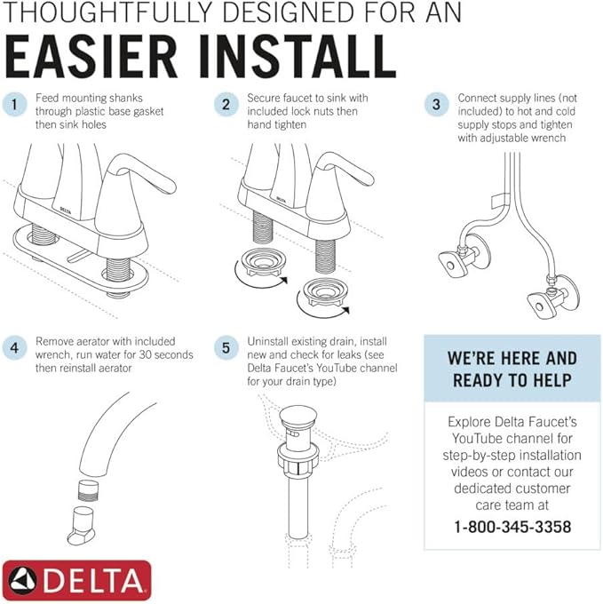Delta Faucet Woodhurst Centerset Bathroom Faucet, Black 2-Handle Bathroom Faucet, Delta Bathroom Sink Faucet, Metal Push-Pop Drain Assembly, Matte Black 2532LF-BLMPU