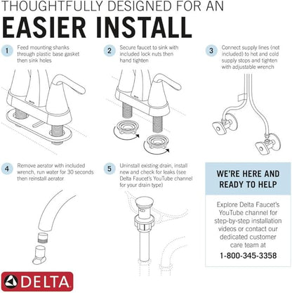 Delta Faucet Woodhurst Centerset Bathroom Faucet, Black 2-Handle Bathroom Faucet, Delta Bathroom Sink Faucet, Metal Push-Pop Drain Assembly, Matte Black 2532LF-BLMPU