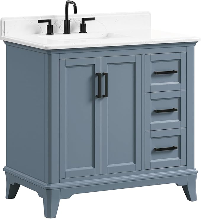 36 Inch Bathroom Vanity with Sink, Fully Assembled Bathroom Vanities with Quartz Countertop, 36 Vanity with Sink and Countertop, Soft Closing Doors & Dovetail Drawer, Steel Blue