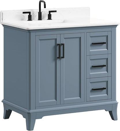 36 Inch Bathroom Vanity with Sink, Fully Assembled Bathroom Vanities with Quartz Countertop, 36 Vanity with Sink and Countertop, Soft Closing Doors & Dovetail Drawer, Steel Blue