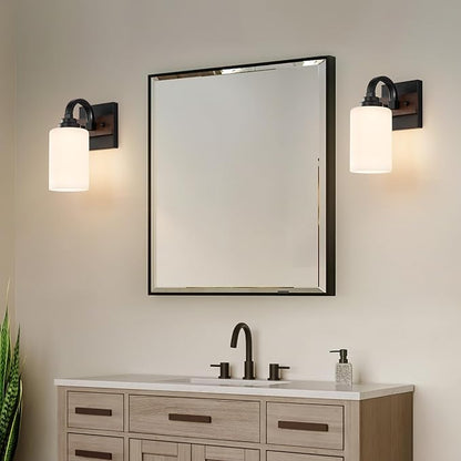 1-Light Milk Glass Wall Sconces, Farmhouse Vanity Light Fixtures for Bathroom, Black and Wood Wall Lighting, Wall Sconce for Hallway, Entryway, Bedroom, Living Room
