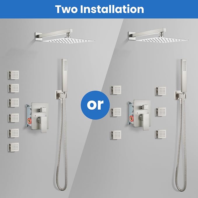 gotonovo Rainfall Shower System with Full Body Jets 6pcs Brushed Nickel | 12’’ Rainfall Shower Head with Handheld Spray Combo,Wall Mount,Rough-in Valve and Trim Kit,Brass Body Message Jets,All Metal